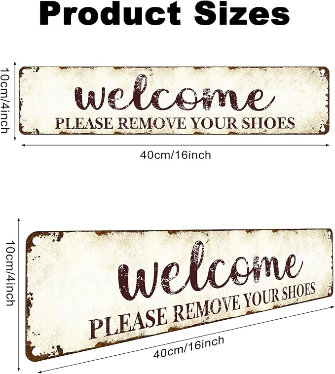 Welcome Please Remove Shoes Vintage Metal Sign - 16x4 Inch Rustic Entryway Decor for Home and Spa Studios, Humorous House Rules Plaque with Pre-Drilled Holes, Unique Wall Art Gift for Japanese Restaurants and Tidy Homeowners