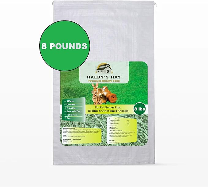Halby’s Hay™ Premium Alfalfa Hay – 8 lb Bag – Farm Fresh, Sun-Cured, Feed for Rabbits, Guinea Pigs, Chinchillas, Horses & Goats – Soft, Green, Dust-Free, High Protein USA Grown - All Natural!