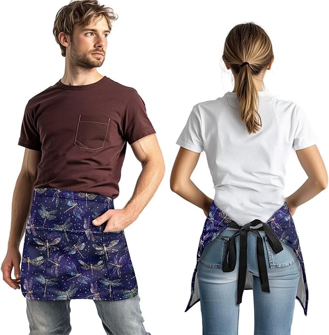 Waist Apron with 3 Pockets Waterproof 13 Inch Short Half Waist Aprons Women Men Server Aprons Waitress Waiter Apron