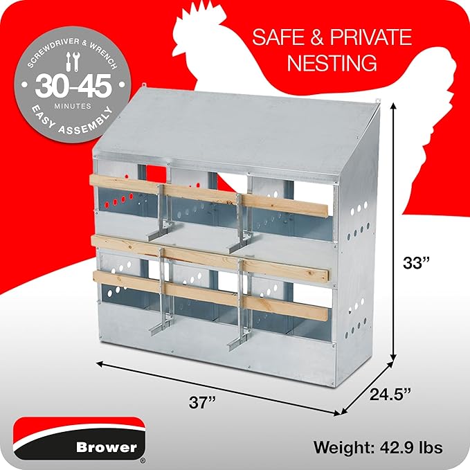 Brower 2-Tier 6-Hole Galvanized Steel Chicken Nesting Box, 30 to 40 Hen Capacity – Outdoor Poultry Laying Station with Hinged Folding Perches, Ventilated Design & Slanted Roof – Made in the USA