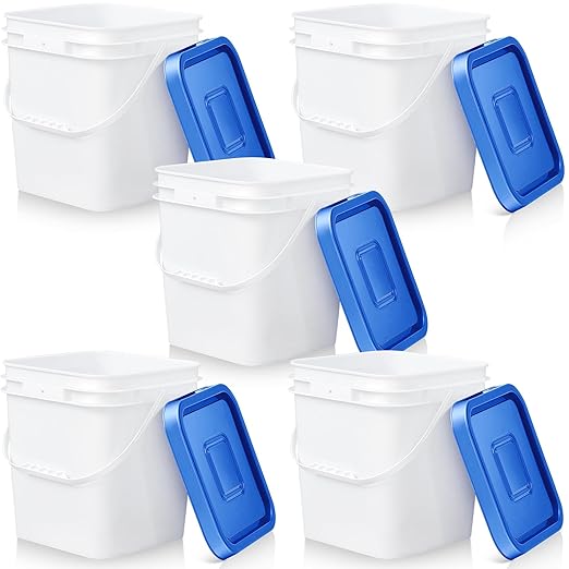 Mumufy 5 Pcs 3.5 Gallon Square Food Grade Bucket with Lid Square Bucket Pail Plastic Handles for Long Term Food Storage, Camping, Fishing, Home Organization Easy Stack and Store (Blue Lid)