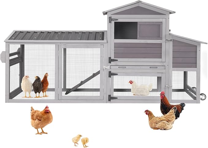 Chicken Coop with Wheels, 80" Mobile Wooden Hen House for 2-4 Chickens, Outdoor Poultry Cage with 2 Nesting Boxes, Waterproof PVC Cover & Pull-Out Tray, Weatherproof Rabbit Hutch for