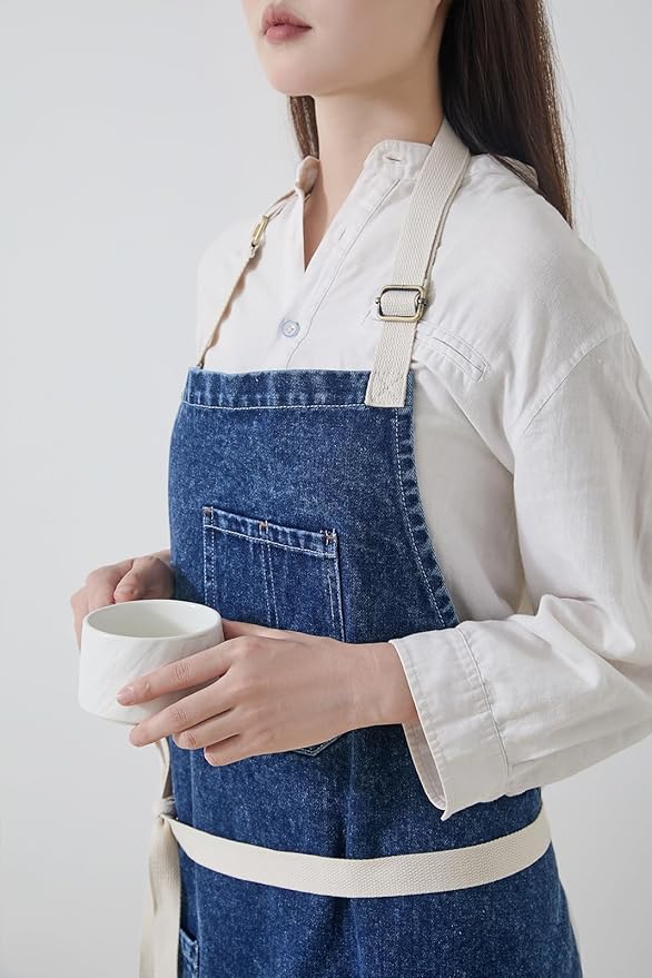 Cotton Denim Apron Soft - Unisex Adjustable Bib Apron with 5-Pockets Perfect for Kitchens