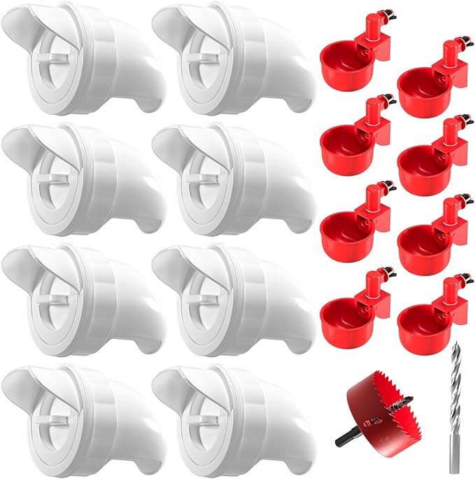 Chicken Feeder No Waste Automatic Poultry Feeder Ports Chicken Feeders and Waterer Set Chicken Feeder Kit 8 Chicken Water Cups with 8 auto Chicken Feeders Ports