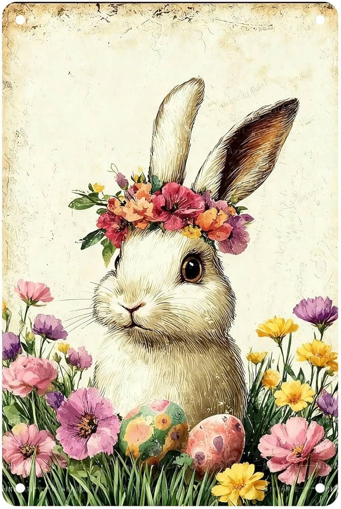 Fun Easter Bunny and Flower Tin Signs Easter Metal Decorations for Hallways Homes Living Rooms Gardens 8X12Inch