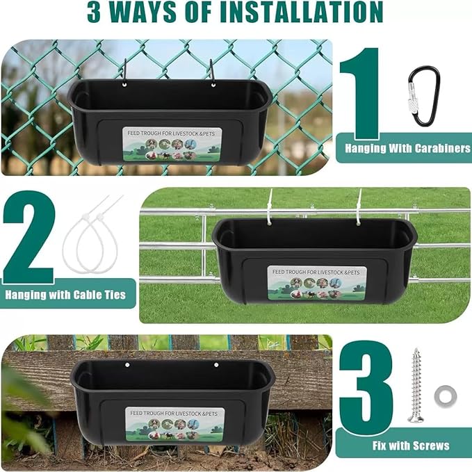 2 Pack Chicken Duck Dog Feeder, Poultry Feeders and Waterers, Hanging Goat Feeder, Livestock Feeding Container, Feed Trough and Waterer Bucket with Clips (Black)