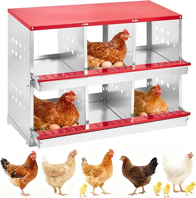 Chicken Nesting Boxes, 6 Compartment Metal Roll Away Nest Box with Vent Holes & Swing Perch, Easy Egg Collection for Hens & Ducks, Ideal for Poultry Coops