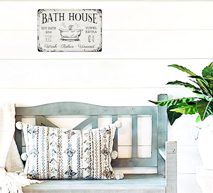 Generic Bath House Metal Tin Signs Hot Bath Towel Extra Wash Relax Unwind Vintage Retro Sign for Home Farmhouse Bathroom Bath Wall Decor Family Bath Gift Plaque 8x12 Inch