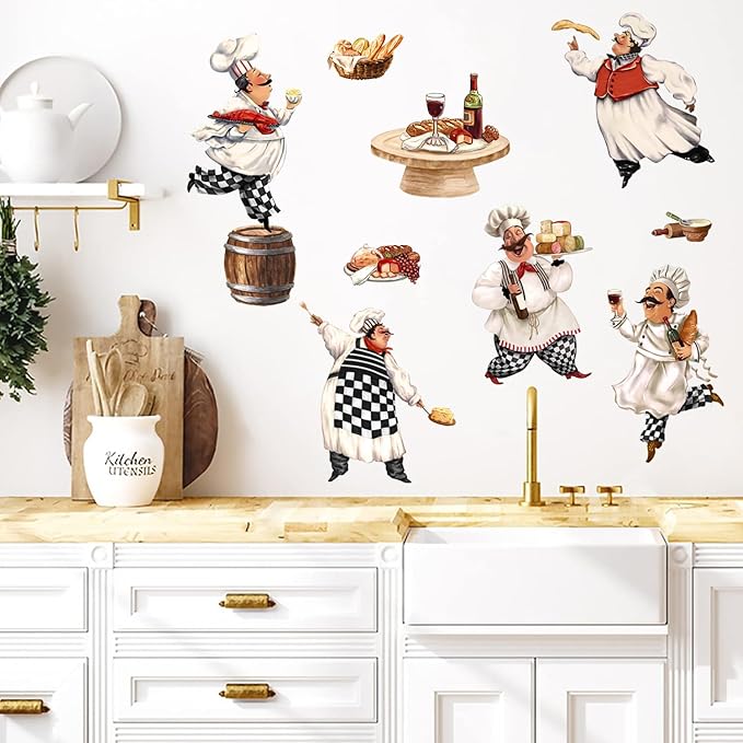 Mfault Italian Fat Chefs Wall Decals Stickers, Funny Cooker Baker Food Cooking Decorations Kitchen Art, Home Dining Room Restaurant Decor