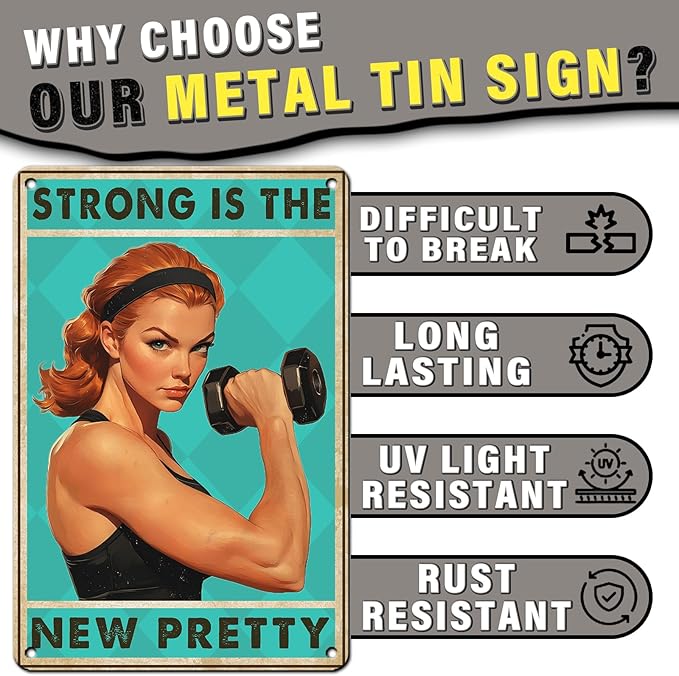 PEACHGARDEN Gym Decor Workout Room Vintage Metal Sign for Home Gym Wall Art Strong is The New Pretty Fitness Poster Motivational Workout Room 8x12inch