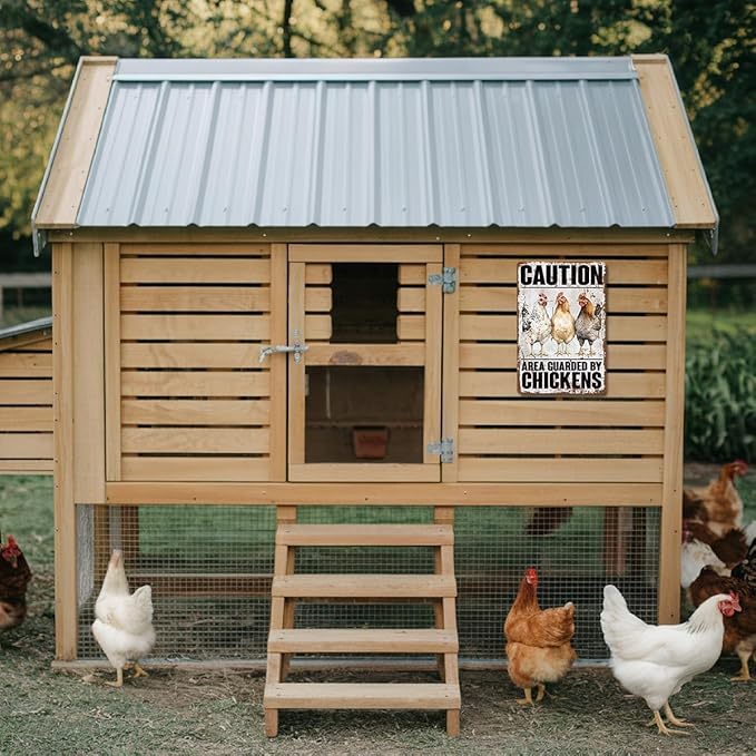 Rustic Vintage Metal Tin Signs, Caution Area Guarded By Chickens Metal Sign, Vintage Retro Rustic Patio Home Décor, Farmhouse Shop Sign, Chicken Lover Gift, Housewarming Gift, 11.8 * 7.9Inch
