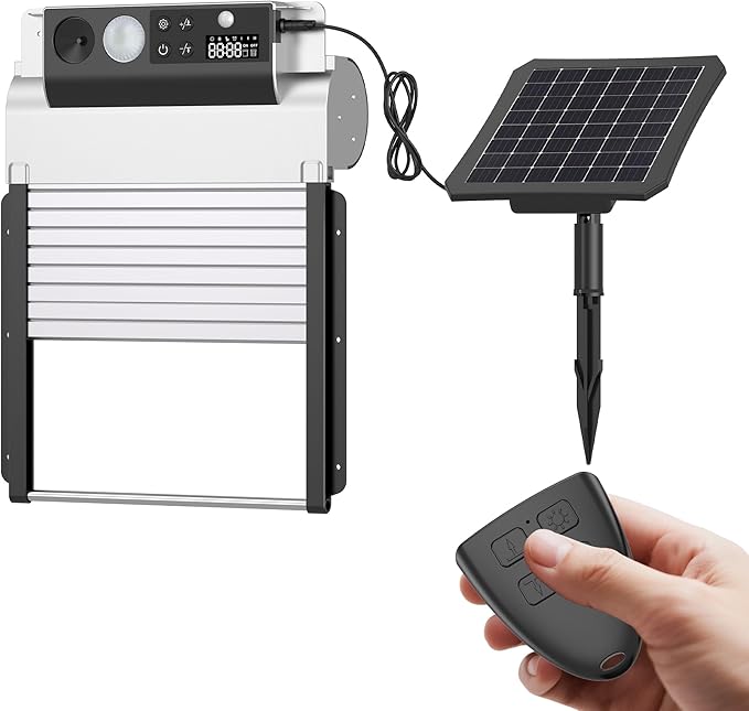 Automatic Chicken Coop Door Solar Powered, LCD Display Automatic Chicken Door with Timer & Light Sensor, 4 Modes Auto Chicken Door Solar with Remote Control, Anti-Pinch & IPX5 Waterproof Coop Door