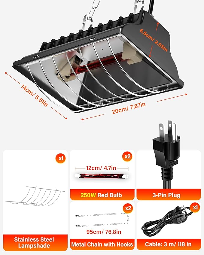 Chicken Coop Heater, ZIVASA 175W & 250W Dual-Mode Heat Lamp for Chickens with 3M Cord, Adjustable Hanging Height Brooder Heater for Ducks, Calves, Poultry and Livestock Pets Warmer in Winter
