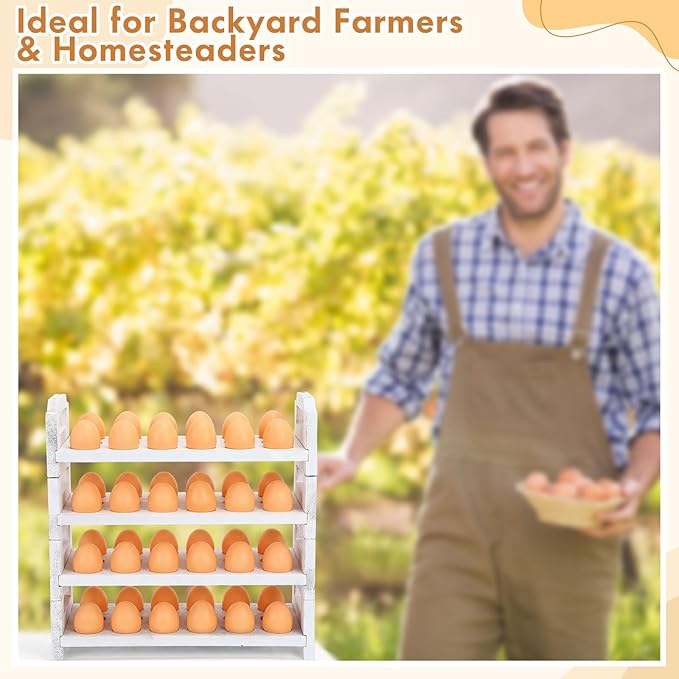 4 Tier Wooden Egg Holder for Countertop, Stackable Fresh Egg Storage Farmhouse Collecting Rack for Gathering Kitchen Organizer Duck Eggs Display, Stackable with 72 Eggs (White,Pine)