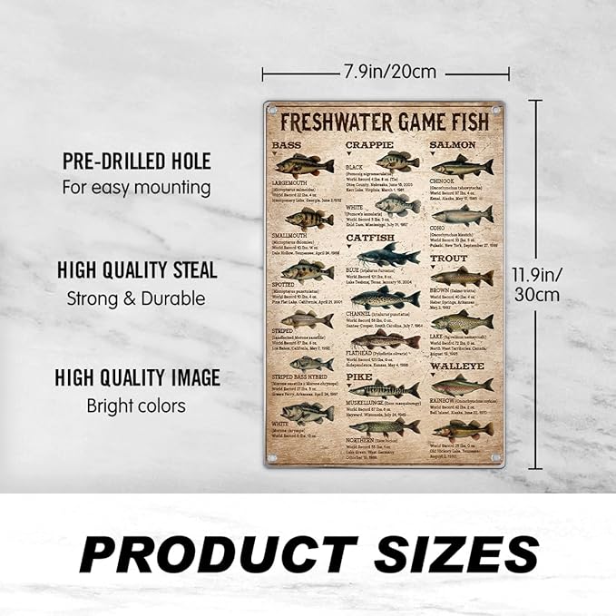 Freshwater Game Fish Chart Metal Sign Vintage Educational Wall Decor For Fishing Enthusiasts Anglers Man Cave Lake House Cabin Garage 8 x 12 Inch Home Indoor