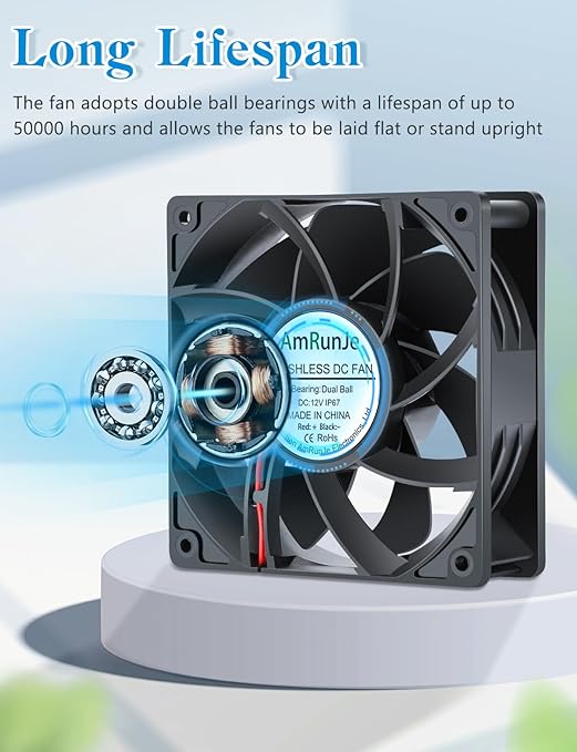IP67 120mm x 38mm 12v Cooling Fan 2pin Brushless Dual Ball Bearing High Performance Exhaust for Electronics Solar Battery Box RV Refrigerator AV Cabinet