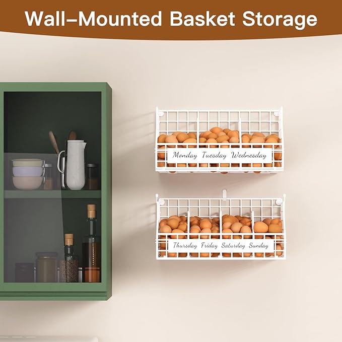Egg Holder Countertop with 5 Dividers & Labels, 2 Tier Stackable Chicken Egg Baskets for Gathering Fresh Eggs, Egg Organizer for Countertop/Wall-Mounted, White