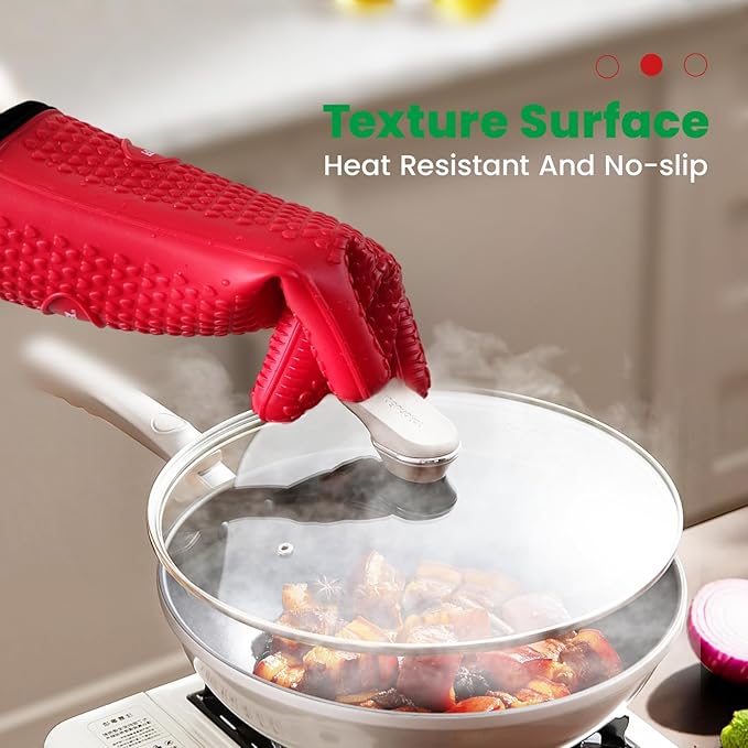 Silicone BBQ Cooking Gloves with Meat Smoker Guide，Heat Resistant Oven Mitts with Fingers，Long Protective Cotton Lined Barbecue Grilling Gloves 1 Pair for Kitchen, Cooking, and Baking Gifts (Red)