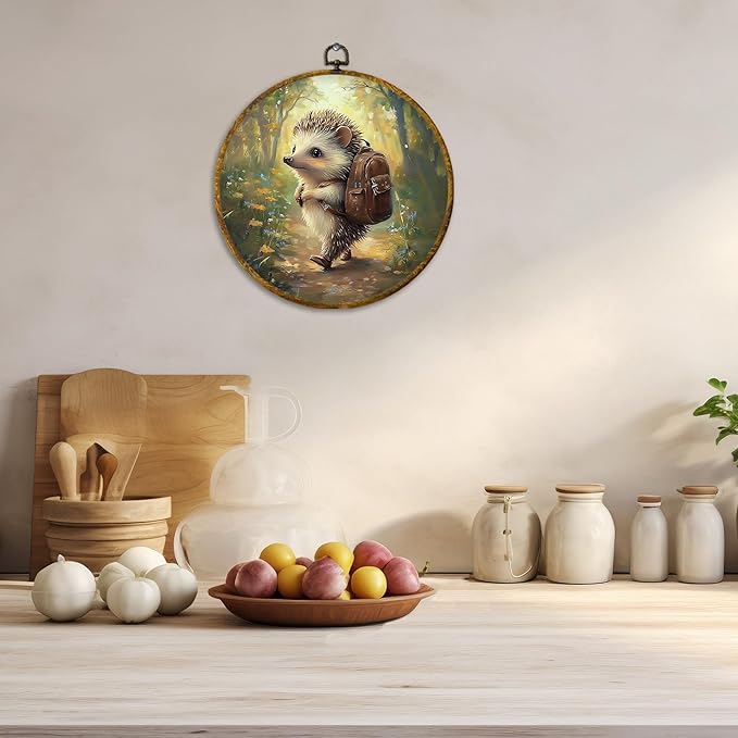 CUANFDDSF Nature Forest Hedgehog Round Wall Art, Cute Jungle Animal Framed Hanging Wall Decor, Cottagecore Forest Animal Canvas Prints Decorations for Home Bedroom Living Room, 10x10 Inch