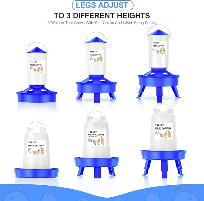 Top Filling Chick Feeder and Waterer Set with Scoop, 0.4Gal Chick Feeder and 0.4Gal Chick Waterer with 3 Heights Adjustable Legs for Chicks (Blue)