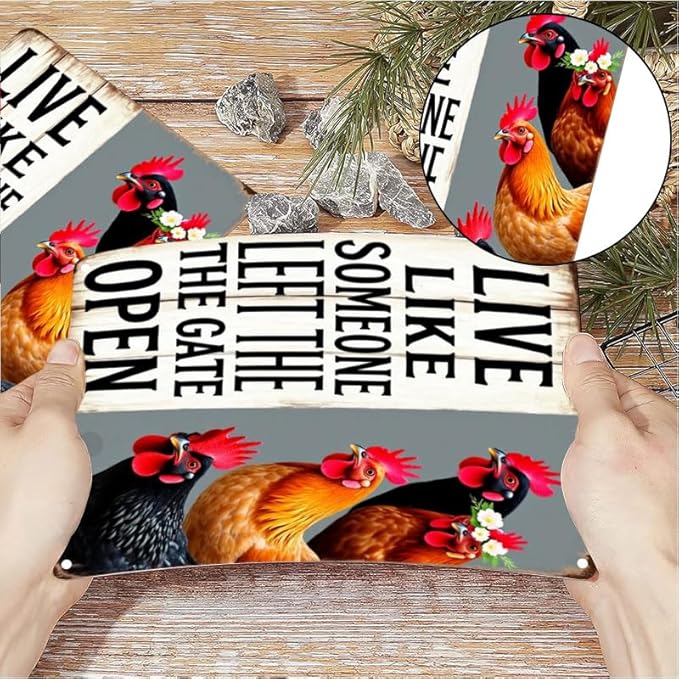 Chiken Gifts Vintage Chicken Decor Sign Live Like Someone Left The Gate Open Tin Sign for Home Chicken Coop Farm Fence Kitchen Bathroom Bedroom Wall Decor 12x16 Inches