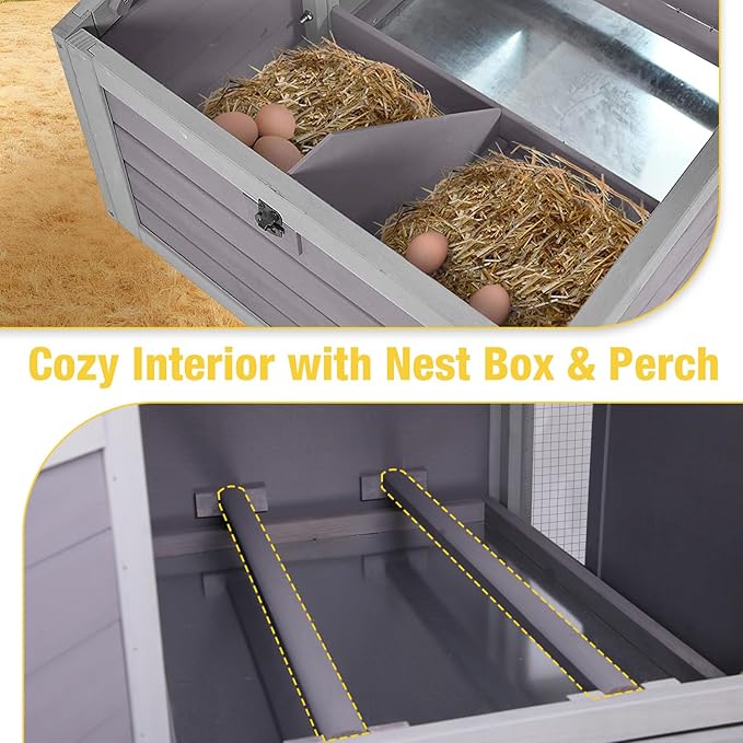Aivituvin Mobile Chicken Coop with Wheels, Large Wooden Chicken House with Waterproof Asphalt Roof, Nesting Box & Removable Tray, Spacious Chicken Run, Outdoor Poultry Cage for 3–4 Chickens