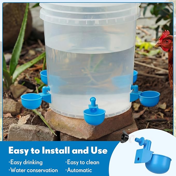 LemonRoad 30 Set Automatic Chicken Waterer Cups with 1/2" PVC Tee Fitting Chicken Drinking Bowl, Poultry Drinker Mounting Hole Opener,Water Dispenser Feeder for Duck, Goose, Turkey, Pigeon(Blue Black)
