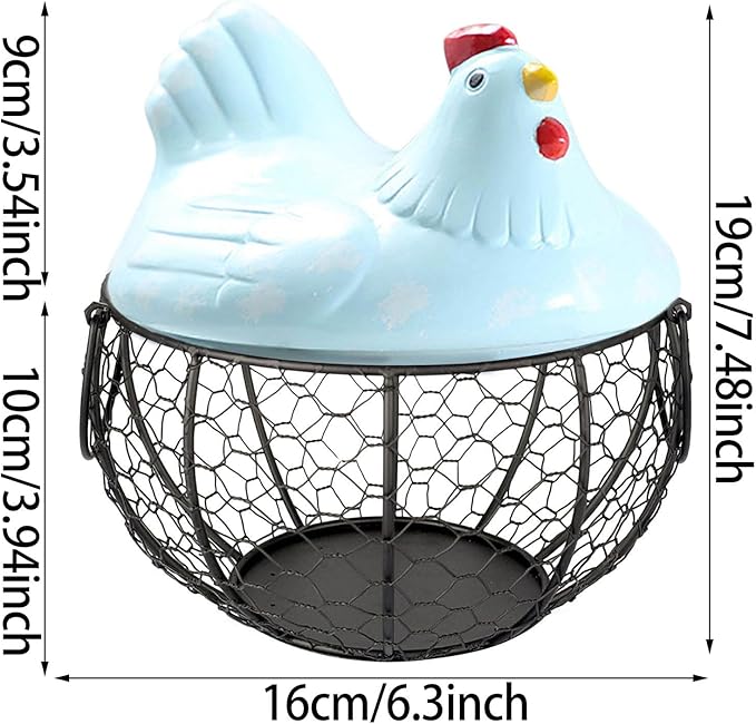 Egg Storage Organizer for Kitchen Countertop, Ceramic Chicken Lid with Wire Basket Dispenser, Black Chicken Egg Holder for Fresh Eggs, Rustics Egg Dispenser Rack for Farmhouse Decor (Blue)