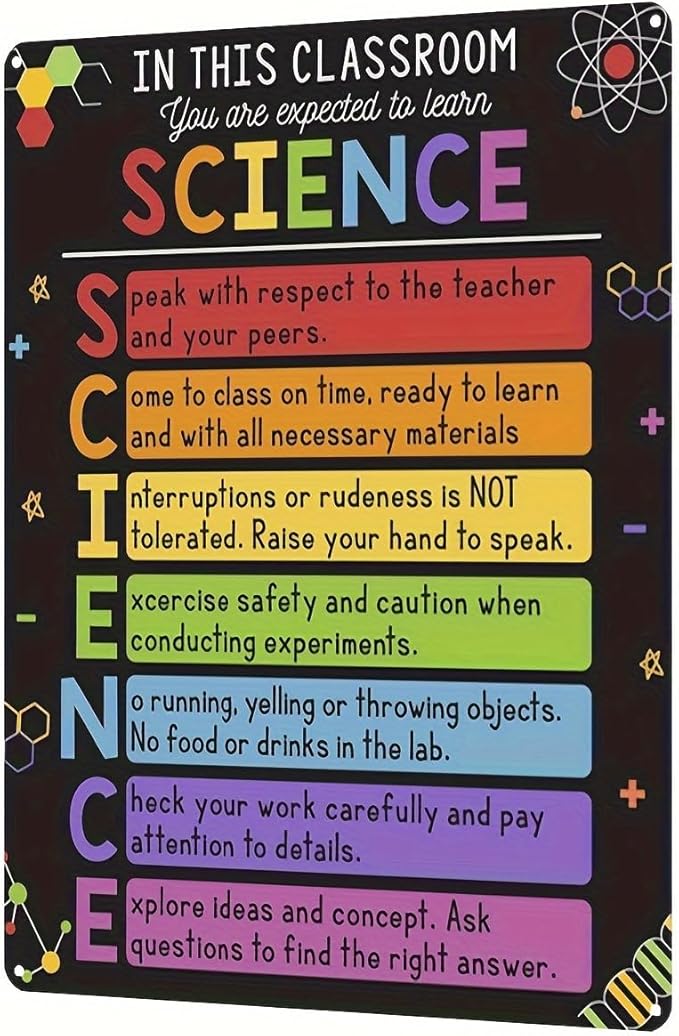 12x8" Vintage-Style Metal Tin Sign - Distressed Finish, Rustic Decor for Science Classroom Rules, Home, Bar, Cafe & Garage Wall Art