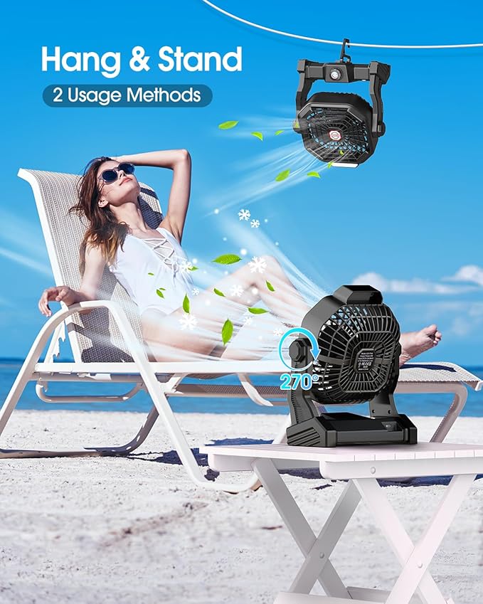 Drchop 30000mAh Solar Camping Fan, 10W Solar Powered Fans with Solar Panel, Rechargeable Fan & Led Lantern, Battery Operated Powered Outdoor Tent Fans for Camping Summer Essentials (Black)