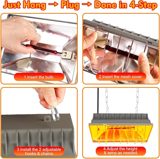 Chicken Heater 250W,Brooder Heating Lamp for Chicks Coop,Brooder Heater Warmer Lamp w/ 2Pcs Infrared Heat Bulbs,2 Adjustable Temp(250/175w) & Hight for Poultry Coop, Small Pets Indoor Warmer