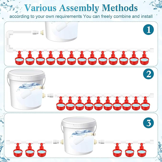 Complete Set Pipeline Automatic Poultry Nipple Waterer, 1/2" PVC Tee Fittings and Other Parts for Chicken, Turkey, Duck, Pigeon, Quail Feeding and Watering