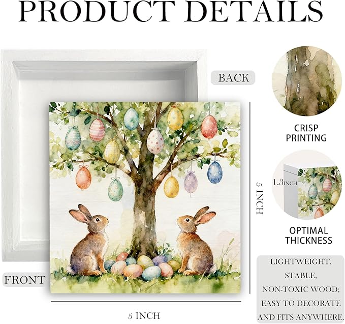 Easter Bunny Egg Tree Wooden Box Sign Desk Decor, Rustic Easter Two Rabbits Colorful Eggs Wood Signs for Bedroom Home Office Desk Table Shelf Decorations, 5x5 Inch