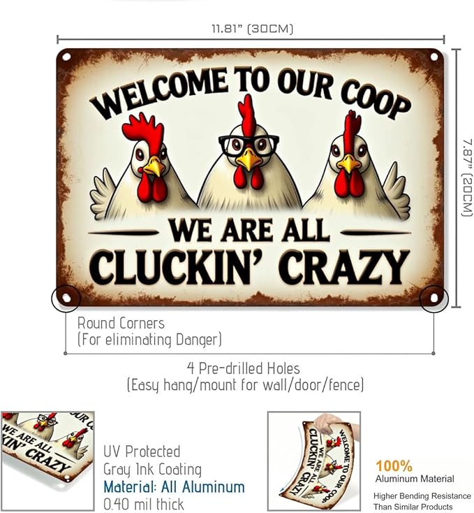 FunnySign Chicken Gifts Rooster Décor Welcome To Our Coop We Are All Cluckin' Crazy Rustic Tin Sign For Home Farm Chicken Coop Decor 8x12 Inch (9702)