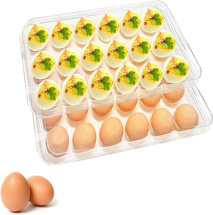 Egg holder for fridge - deviled egg containers with lid, Clear Stackable Plastic Egg Holder, Space-Saving 36 Egg refrigerator Organizer (Clear, Pack of 02)