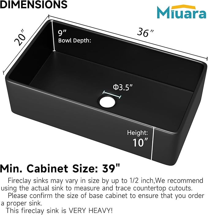 Miuara Black Farmhouse Sink 36 Inch - Extra Large Apron Front Undermount Kitchen Sink Reversible 36"x20"x10", Farm House Style Deep Single Bowl, Heavy Duty Solid Fireclay, Matte Black, for Kitchen