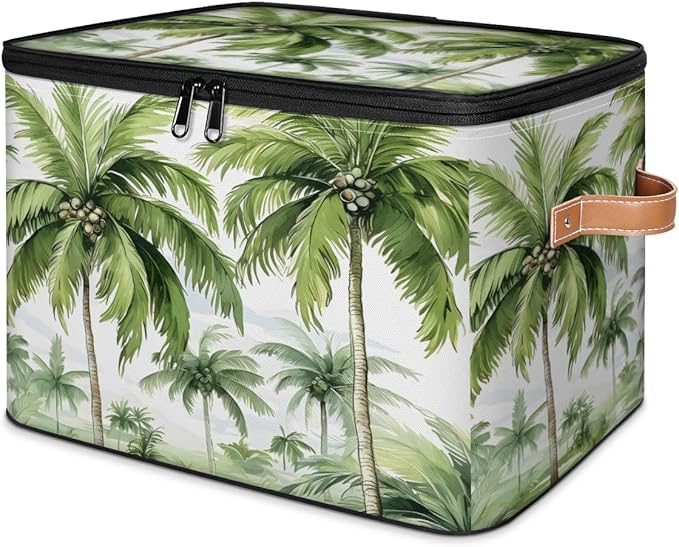 Palm Tree Storage Bins with Lids, Tropical Trees Fabric Storage Boxes with Zipper, Collapsible Decorative Closet Organizer Cube for Clothes, Organizing, Shelves