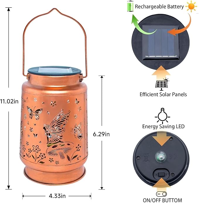 Fairy Solar Lanterns Outdoor Waterproof Hanging Solar Lights Butterfly Gifts for Women Mom Grandma Metal Decorative LED Lantern Outside for Yard,Patio,Lawn,Porch,Backyard,Garden Decor