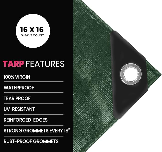 PROTARP Extreme Heavy Duty 22 Mil Tarp Cover, Waterproof, UV Resistant, Rip and Tear Proof, Poly Tarpaulin with Reinforced Edges for Roof, Camping, Patio, Pool, Boat. (Green/Black 40′ X 40′)