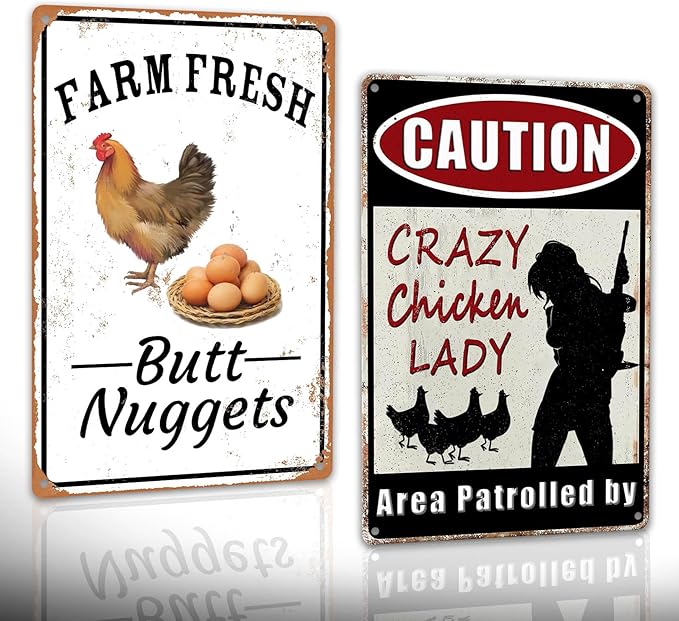 2pcs Funny Chicken Sign Vintage Metal Tin Signs Chicken Coop Accessories Lovers Gifts For Farm Yard Fence Decor Coop Caution Sign Outdoor Wall Decor 8×12 Inch