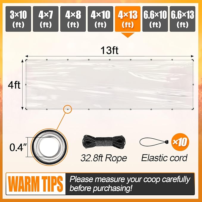 4x13ft Chicken Coop Covers Accessories for Winter - Easy to Install Waterproof Chicken Run Tarp with Elastic Cords & Rope