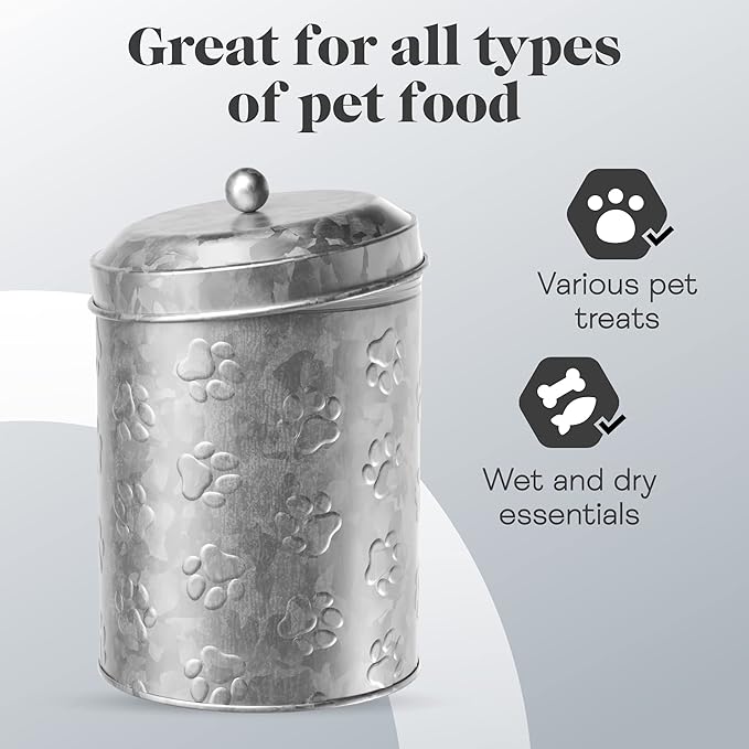Amici Pet Puppy Paws Small Galvanized Metal Food Canister, 64 Oz Airtight Storage with Handle Lid, Embossed Paw Design for Pet Treats, Snacks, or Kibble - 8" H x 5.5" L, BPA Free