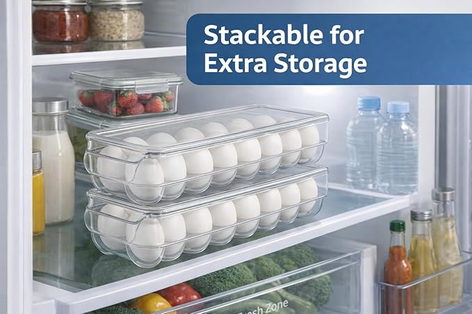 Dependable Industries inc. Essentials Clear Acrylic Egg Storage Container with Lid, 14-Egg Capacity, BPA-Free Refrigerator Organizer, Stackable Tray with Handle, Dishwasher Safe