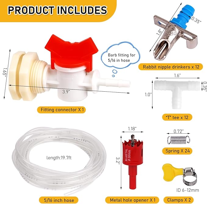 Rabbit Nipple Drinker Kit Automatic Rabbit Watering System Kit Include 12 Drinking Nipple, 23ft Hose, Hole Opener, Barb Valve Fitting to G1/2'' Connector (Blue, 12Pcs)