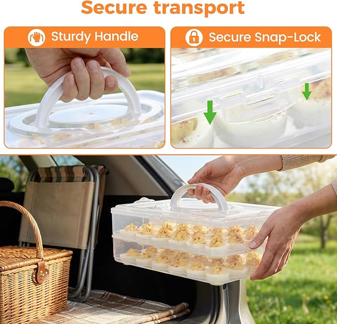 HANSGO Deviled Egg Containers with Lid, 2-Layer Plastic Detachable Deviled Egg Carrier for 48 Eggs, Clear Storage Tray for Refrigerator, Kitchen, Party, Travel, Family Gatherings, Easy to Transport