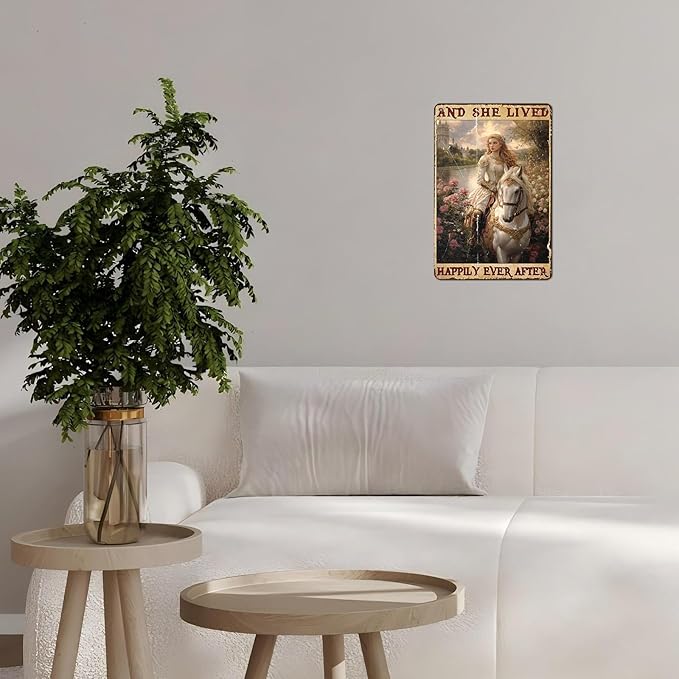 Vintage Horse Tin Sign And She Lived Happily Ever After Retro Girl Metal Poster Funny Pet Lovers Wall Art Cafe Wall Decor for Kitchen Office Garden Plaque Home Bar Plub Club Shop 12 * 8inch