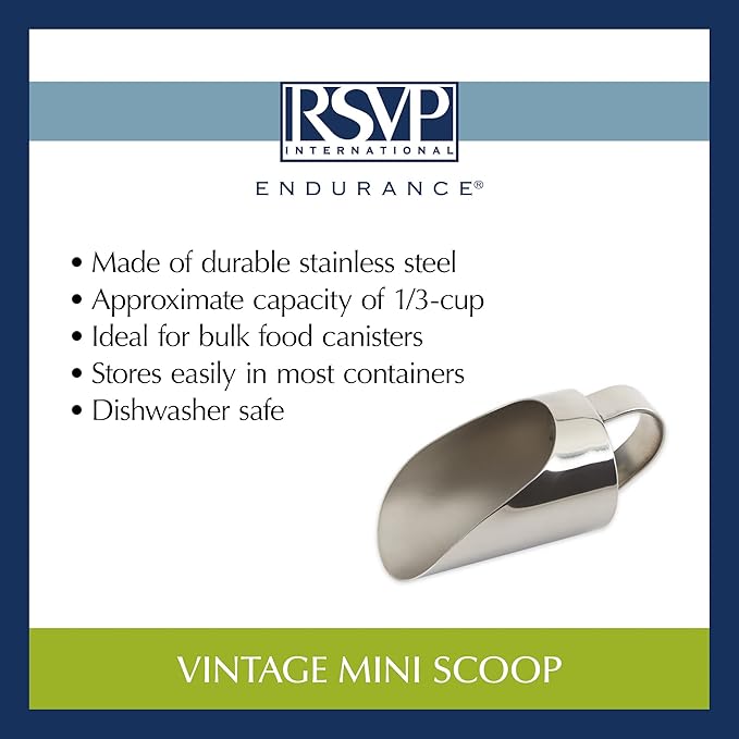 RSVP International Endurance Kitchen Collection Measuring Tools, Dishwasher Safe, Vintage Mini Scoop, Stainless Steel