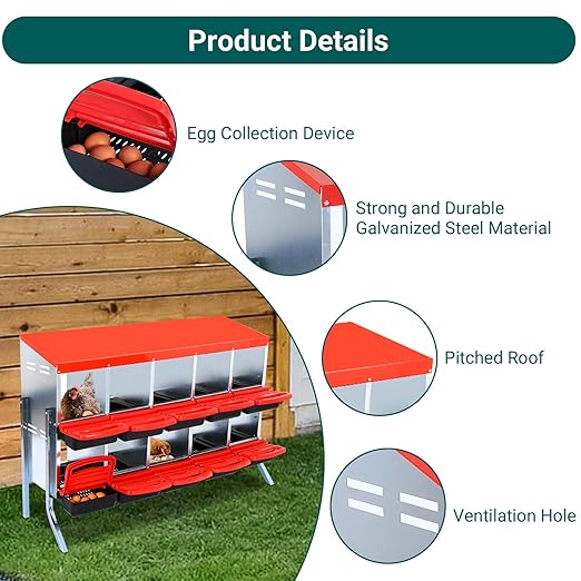 Garvee Chicken Nesting Boxes, 10 Hole Metal Chicken Laying Box with Removable Trays and Roll Out Egg Collection for Chicken Coop, with Metal Legs, Red