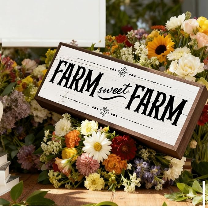 Farmhouse Decor, Farm Sweet Farm Sign, Wall Tabletop Decor, Wood Framed Sign for Home Decors, Cottage Decors, Sweet Home Decoration 9.5x3.1x1 inches