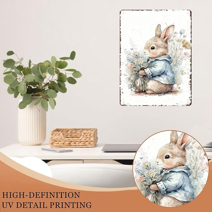 Easter Bunny Metal Tin Sign Wall Art Vintage Rustic for Home Living Room Garden Yard Outdoor Wall 12X16Inch